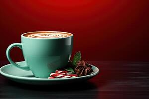 AI generated Peppermint mocha, close-up of mint seasonal drink of chocolate and coffee with spices on a red background with copy space photo