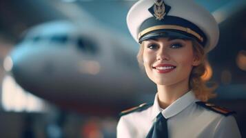 ai generado retrato de hembra profesional aeronave piloto en un blanco uniforme con un gorra en antecedentes de un avión al aire libre, Copiar espacio foto