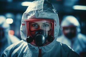 AI generated Portrait team of doctors scientist virologist in chemical protection uniform and masks indoors and looking at camera, virus pandemic or quarantine photo