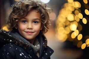 ai generado Navidad retrato, linda pequeño chico en un festivo antecedentes de luces guirnaldas bokeh al aire libre foto