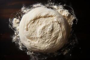 AI generated Piece of dough on flour on table, top view. Cooking baking photo