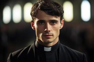 AI generated Portrait of a young handsome Christian priest in a church looking at camera, front view. Faith and religion photo