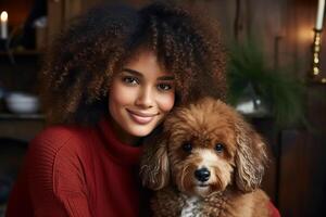 AI generated Cute smiling African American young woman in warm knitted sweater hugging fluffy dog indoors, owner with adorable pet indoors photo