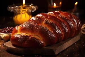 AI generated Challah symbolic food bread for Hanukkah on wooden board indoors, close-up of food photo