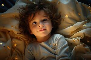 ai generado parte superior ver de linda sonriente caucásico chico acostado en cama en cobija con estrellas, soñando niño dormir hora foto
