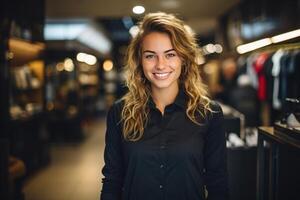 ai generado comercio, ventas. longitud de la cintura retrato de un contento elegante joven mujer vendedor posando en un ropa Tienda y mirando a cámara foto