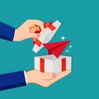 Gift box in the hand of a businessman. Give paper planes vector