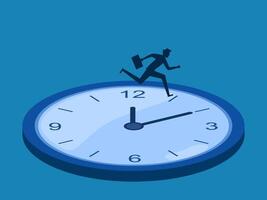 Hurry and race against time. Businessman running fast on time on the clock vector