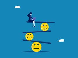 Balance feelings. conscious businesswoman balances a smile and a sad face vector