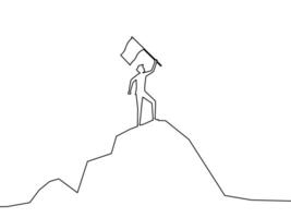 confident person standing with a flag on the top of a mountain vector