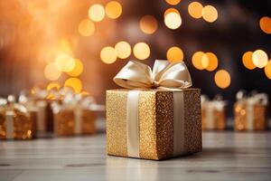 ai generado festivo sorpresa, Navidad concepto. envuelto dorado regalo caja en el antecedentes de regalos y bokeh guirnaldas foto