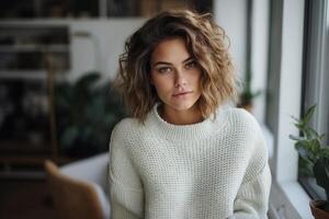 AI generated Beautiful young Caucasian woman model in knitted cozy white sweater sitting in living room of house looking at camera photo