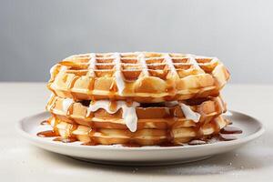 AI generated Fresh tasty Viennese waffles with syrup on a plate, close-up, minimalism photo