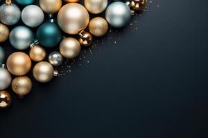 AI generated Christmas background with copy space. Top view Christmas tree decorations toys balls on a black surface with empty space for text photo