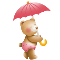 Baby teddy bear with his pink umbrella png
