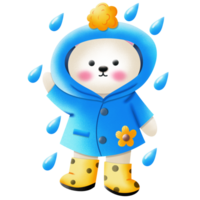 desenho animado branco Urso vestindo uma capa de chuva em uma chuvoso dia png