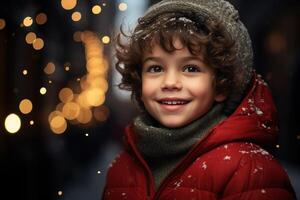 AI generated Happy little boy on snowy evening on festive background with lights of garland of bokeh outdoors, children Christmas portrait photo