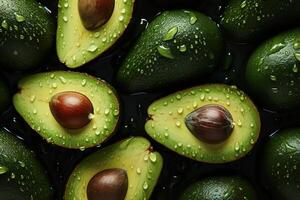 AI generated Lots of avocados, top view wet tropical fruits in water photo