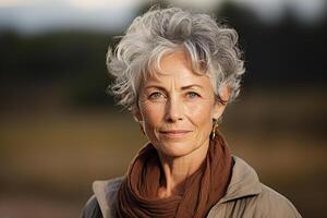 ai generado retrato de un arrugado elegante mujer, mayor dama con gris pelo peinado y ropa de calle al aire libre mirando a cámara foto