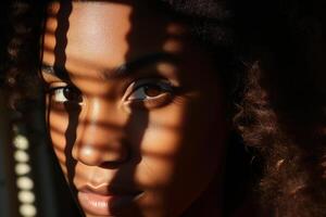 AI generated Face portrait of sensual beautiful African American woman with shadow from blinds. Feminine portrait of a curly young model indoors looking at camera photo