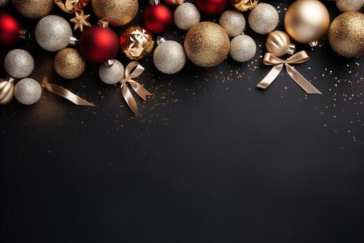 AI generated Top view of golden and red Christmas tree decorations balls on a dark surface with empty space for text. Festive, Christmas background with copy space photo