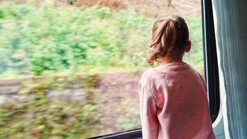 wenig Mädchen suchen aus Zug Fenster außen, während ziehen um. Reisen durch Eisenbahn im Europa. hoch Qualität 4k Aufnahmen video