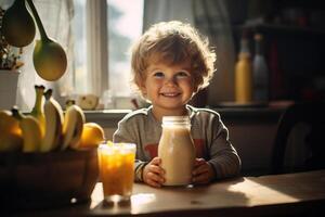 AI generated Happy smiling caucasian shaggy little boy drinking milk at table in kitchen in morning. Children's breakfast concept photo