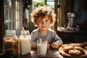 ai generado niños desayuno, linda caucásico lanudo pequeño chico a mesa con galletas y Leche en cocina en Mañana foto
