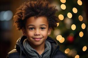 ai generado Navidad retrato, linda africano americano pequeño chico en festivo antecedentes de decorado Navidad árbol guirnalda bokeh mirando a cámara foto