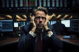 AI generated Economic crisis, investor trader holding his head sitting on stock exchange in front of monitors. Falling stock price, financial problem photo