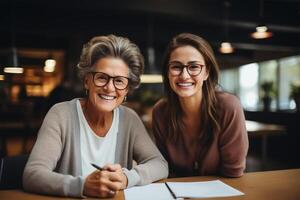 AI generated Tutoring, learning, help concept. Portrait of smiling senior woman teacher with cute young student sitting with notes at table indoors photo