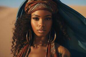 ai generado hermosa joven mujer en tradicional vestir y joyas, bonito afro americano modelo posando en Desierto foto