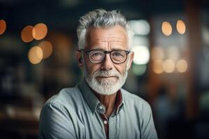 AI generated Male senior portrait, handsome older man in casual clothes and glasses sitting indoors and looking at camera photo