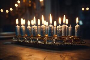 AI generated Close-up of Menorah, burning candles for Hanukkah holiday indoors photo