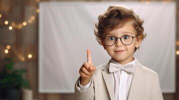 AI generated Funny cute smart little boy wearing suit with bow tie and glasses showing gesture on white sheet background indoors, idea photo