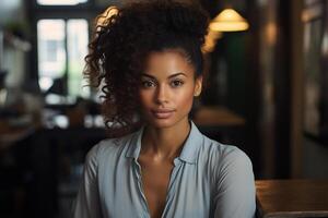 AI generated Pretty African American woman with curly hair standing in loft interior of empty cafe during day and looking at camera, portrait photo