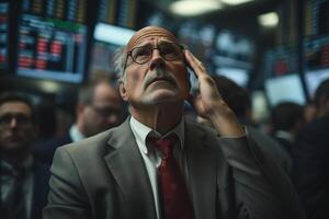 AI generated Economic crisis, falling stock prices. Upset senior trader broker holding his head and looking at charts on stock exchange photo