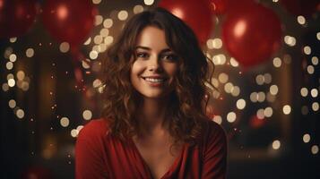 AI generated Holiday, birthday concept. Portrait of happy smiling young woman on festive blurred shiny garland background photo