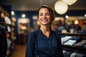 ai generado contento elegante mujer vendedor en un ropa Tienda foto