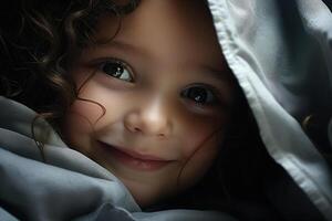 ai generado retrato de un hermosa niño niña mirando fuera desde debajo cobija con grande ojos y linda sonrisa foto