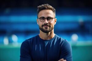AI generated Adult cheerful caucasian male athlete or coach in glasses and t-shirt standing on field at stadium, close-up photo