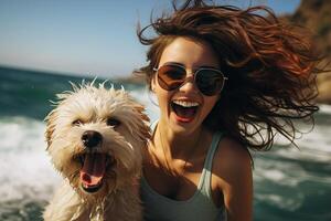 AI generated Happy woman swimming in sea with dog, positive woman holding wet white fluffy pet outdoors photo