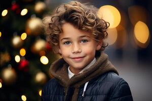 AI generated Cute caucasian little curly boy standing against background of decorated Christmas tree and looking at camera outdoors. Christmas and New Year concept photo