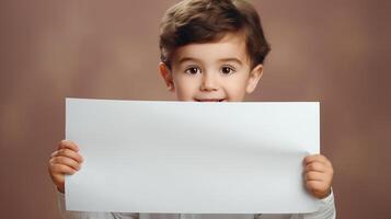 AI generated Cute caucasian boy holding white sheet mockup, smiling child showing sheet of paper with empty space for text photo