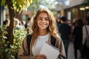 ai generado positivo Rizado bonito hembra estudiante sonriente joven mujer a Universidad instalaciones afuera. estudiando en colega, académico año, educación concepto foto