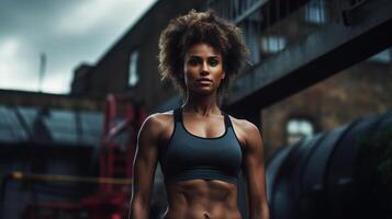 AI generated Athletic afro american woman in a tank top standing on street on a cloudy day looking at camera, workout outdoors photo