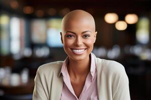 AI generated Portrait of smiling positive afro american bald woman in office or cafe and looking at camera, blurred backdrop photo