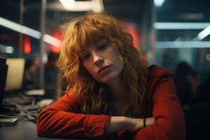 AI generated Burnout at work, tired young woman office worker sitting at workplace and looking at camera. Portrait of an overworked employee woman at a table indoors photo