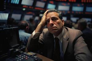 AI generated Economic crisis, upset investor trader holding head. Middle-aged broker sitting at stock exchange in front of monitors, falling stock prices photo