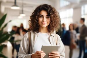 AI generated Studying in college, academic year, education concept. Portrait of pretty female student holding tablet while standing on university campus and looking at camera indoors photo